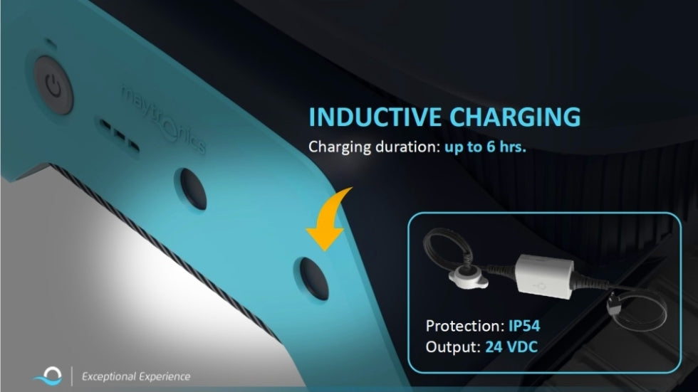 Ricarica induttiva del robot piscina Dolphin Liberty 200 Eco, durata fino a 6 ore, protezione IP54.