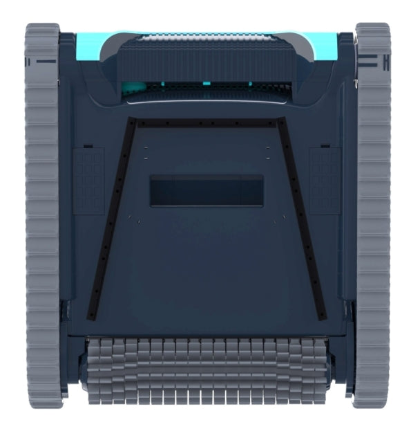 Robot piscina Dolphin Liberty 200 Eco, vista frontale, rulli e cingoli grigi, design compatto.