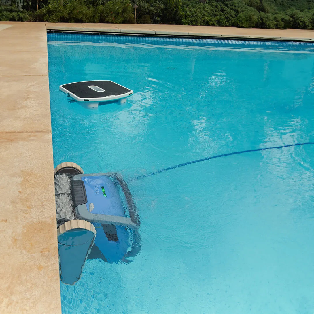 Dolphin Skimmi pulisce la superficie di una piscina, alimentato a energia solare, vicino al bordo.
