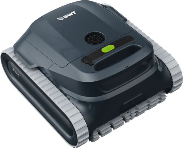 Robot pulitore piscina BWT ES Echo su sfondo bianco, design compatto e cingoli grigi.