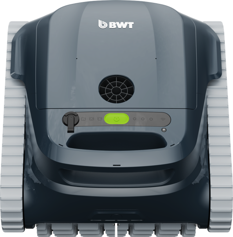 Robot piscina BWT ES Echo senza fili, colore blu scuro, vista frontale su sfondo bianco.