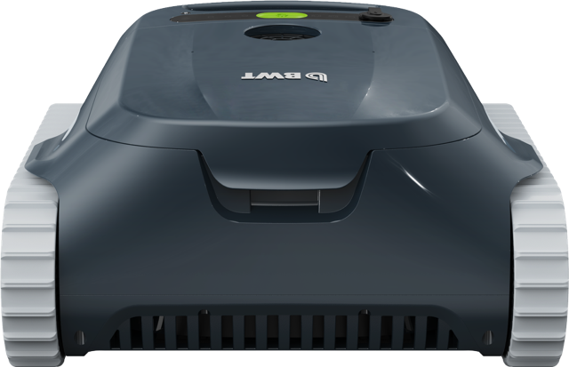 Robot pulitore piscina BWT ES Echo, cordless, grigio scuro, vista frontale con ruote laterali bianche.