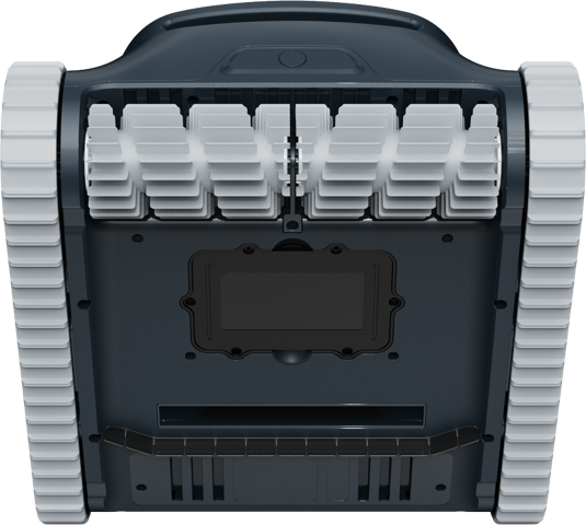 Robot piscina BWT ES Echo visto dal basso, con ruote e spazzole visibili.