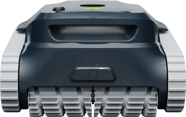 Robot piscina BWT ES Echo, cingoli grigi, vista frontale. Adatto per piscine da 4 a 12 metri.