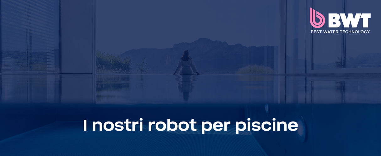 Donna seduta a bordo piscina con vista montagna, logo BWT in alto a destra.