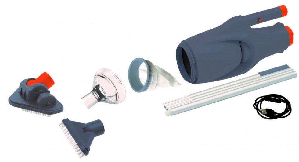 Kokido Vektro Mini con accessori per pulizia piscina e SPA, include testine e cavo ricarica.