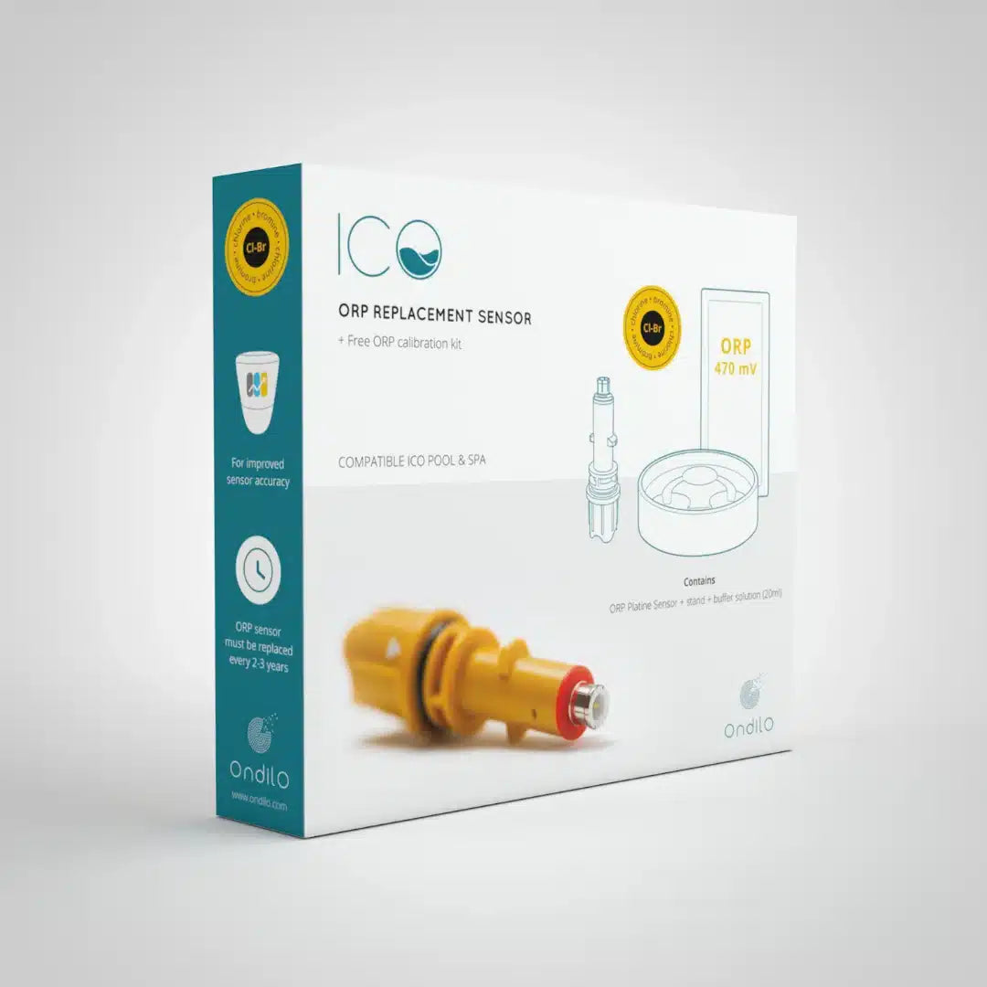 Sonda ORP gialla per ICO Pool & SPA con kit calibrazione su scatola bianca.