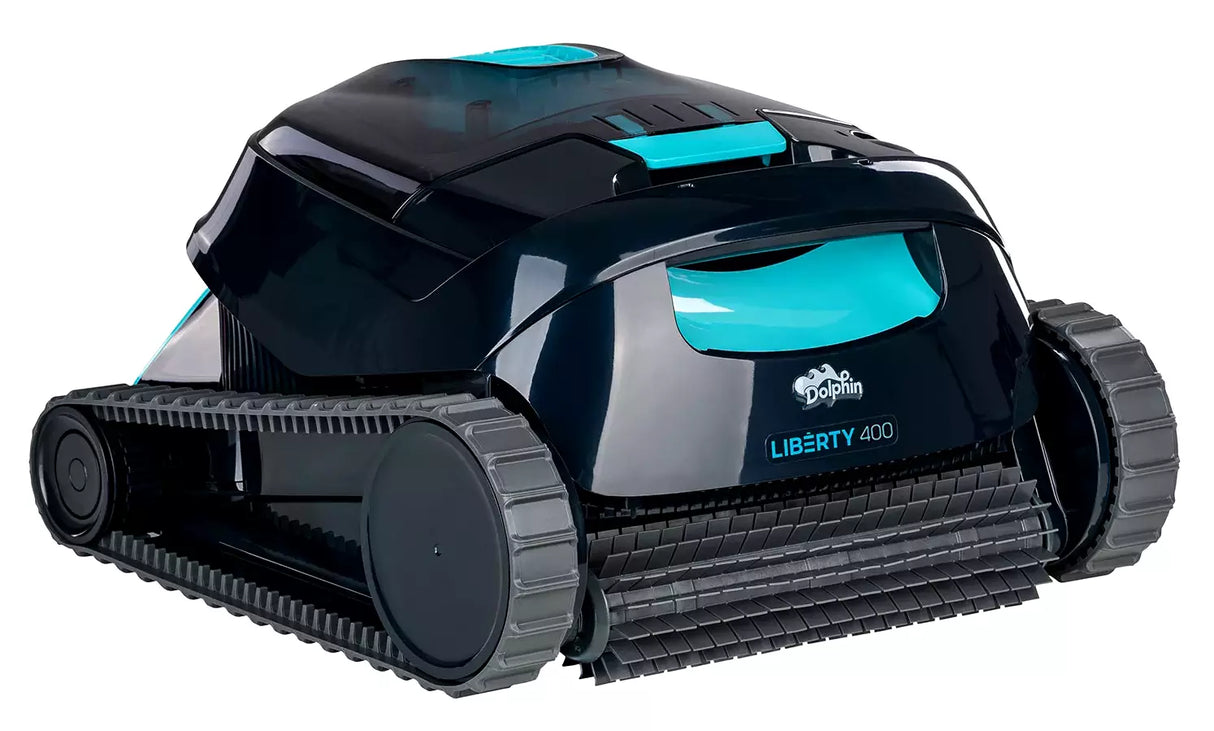 Robot piscina Dolphin Liberty 400i nero e azzurro su sfondo bianco, cingoli e spazzole visibili.