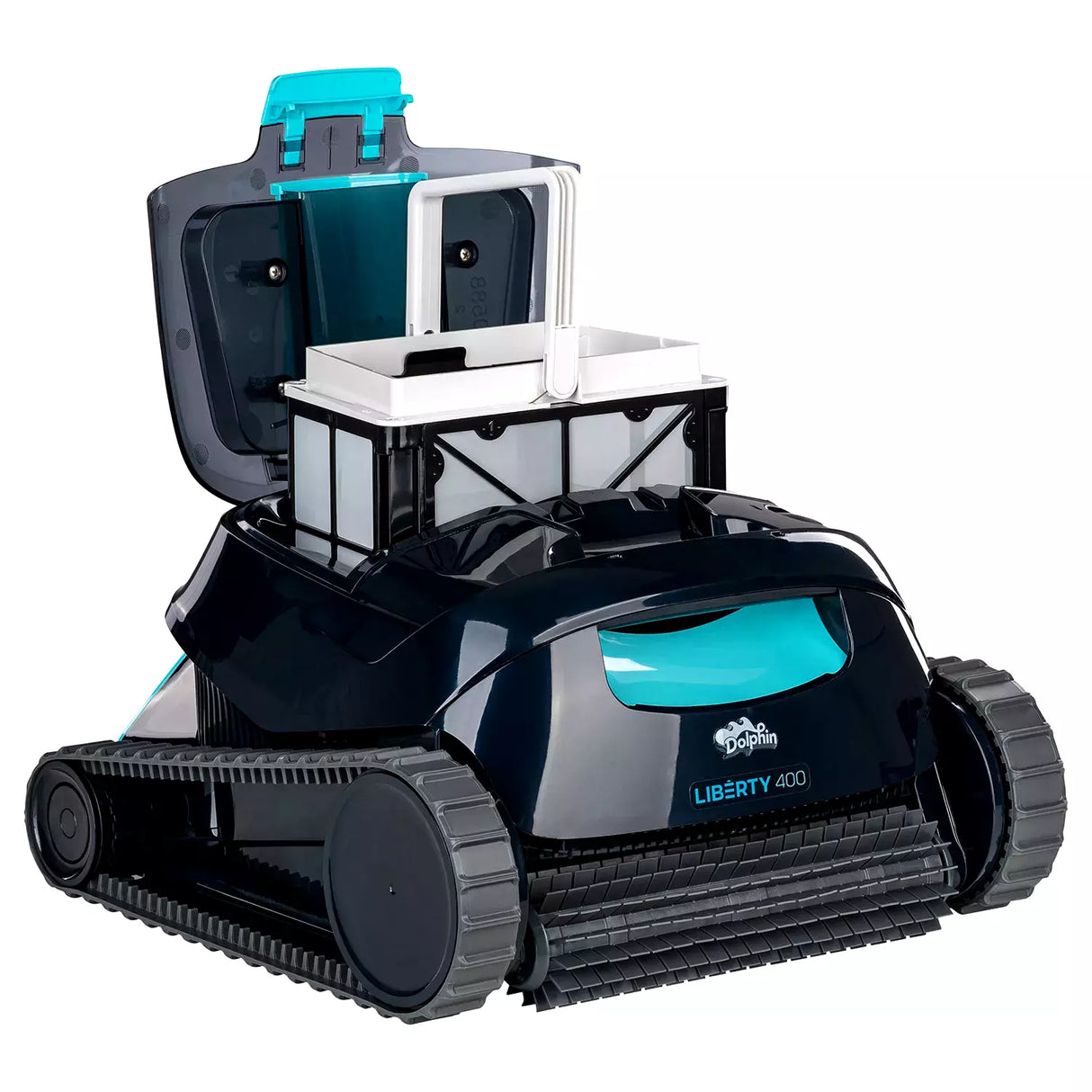 Robot piscina Dolphin Liberty 400i con coperchio aperto e cestello interno visibile, design compatto.
