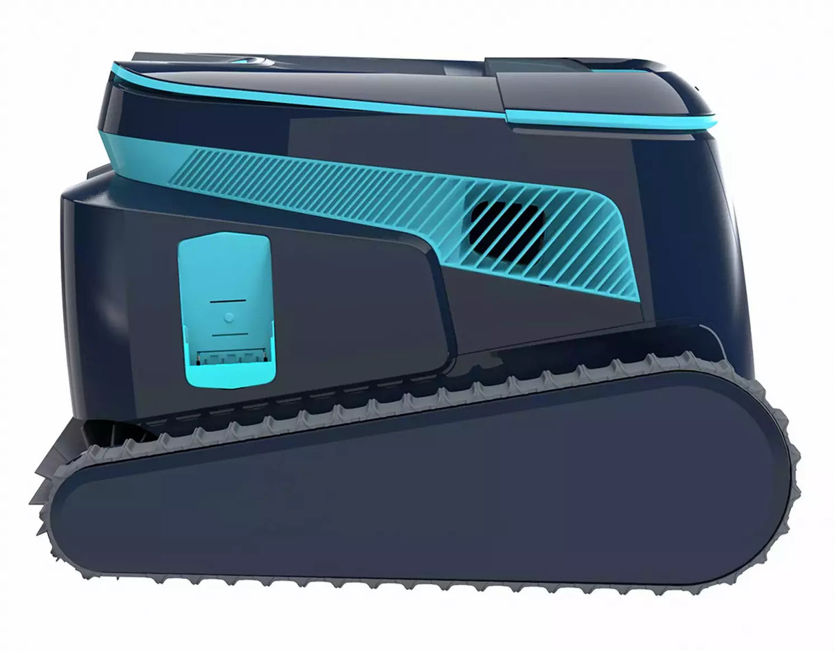 Robot piscina Dolphin Liberty 600i, design moderno, cingoli grigi, dettagli blu, vista laterale.