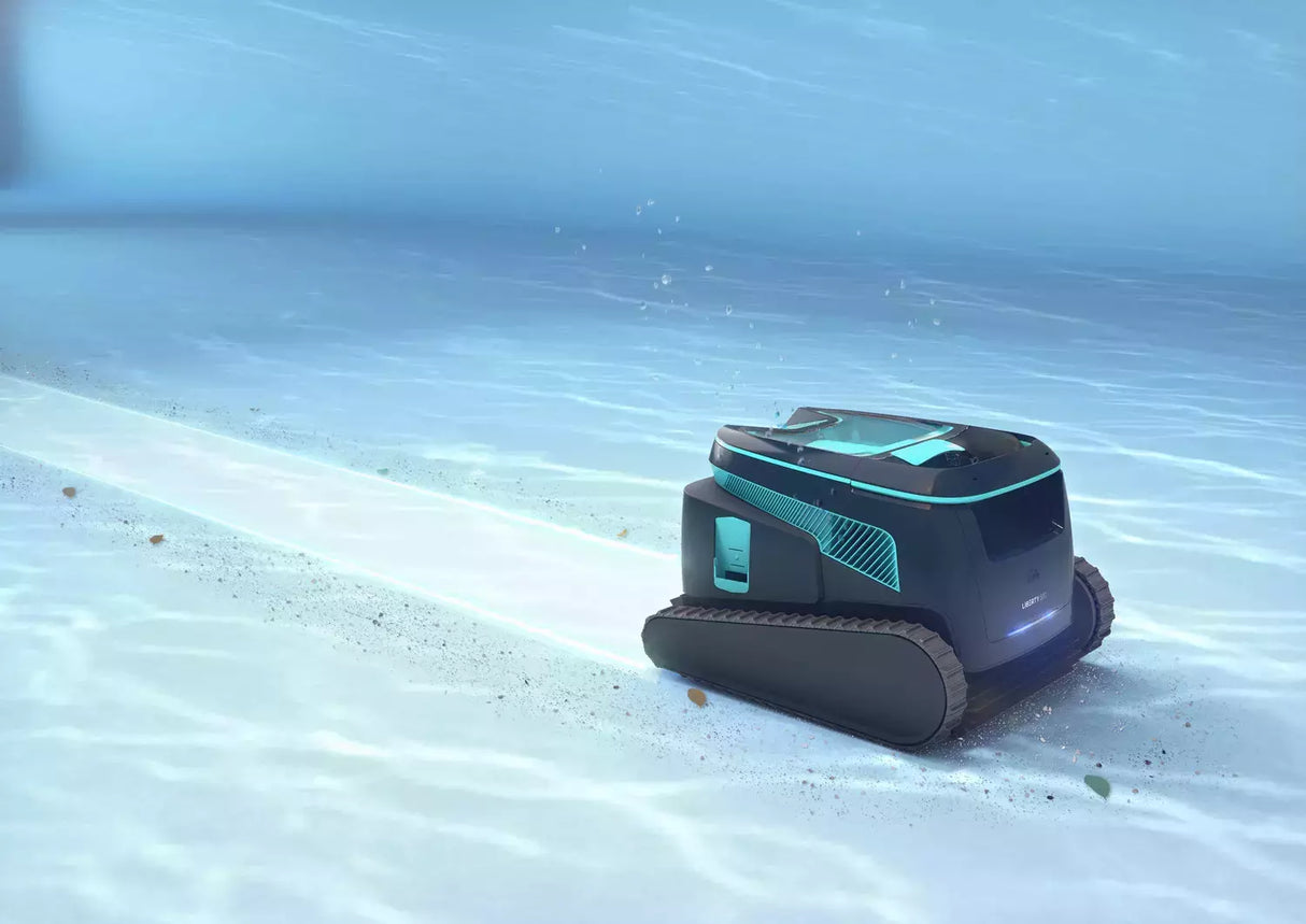 Robot piscina Dolphin Liberty 600i in azione sul fondo di una piscina, pulizia senza fili.