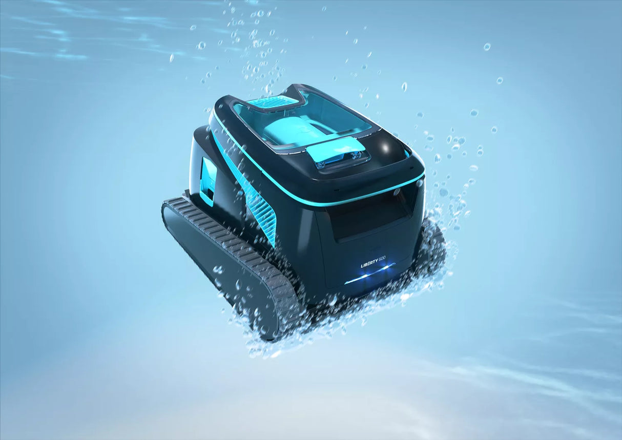 Robot piscina Dolphin Liberty 600i in azione sott'acqua, design moderno e senza fili.