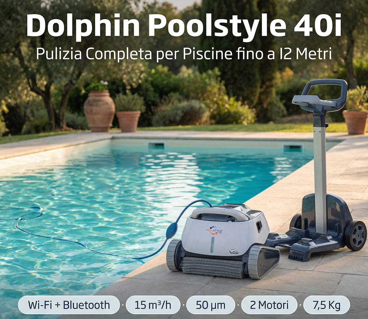 Dolphin Poolstyle 40i IoT Wi-Fi APP MyDolphin Plus Bluetooth Timer Digital - Robot Piscina Elettrico fino a 12 Mt - FONDO + PARETI + LINEA - MY2026