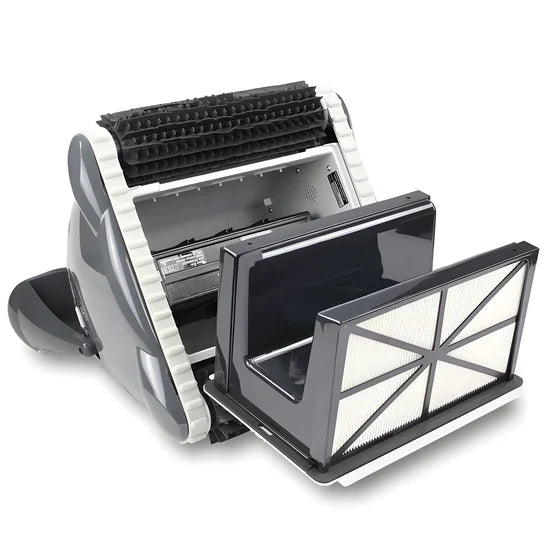 Robot piscina Hayward TigerShark XL QC aperto, mostra spazzole Wonder e filtro estraibile.