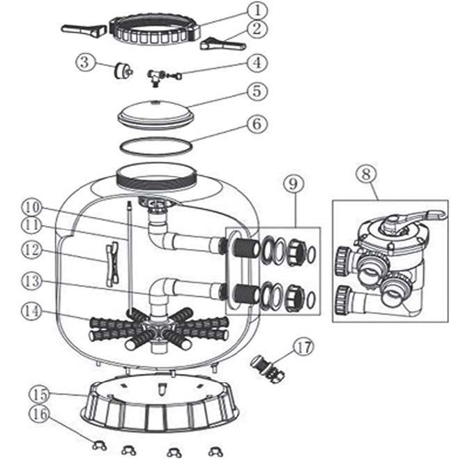 Esploso del filtro piscina a sabbia laminato in poliestere BNK SuperPool, parti e valvole numerate.