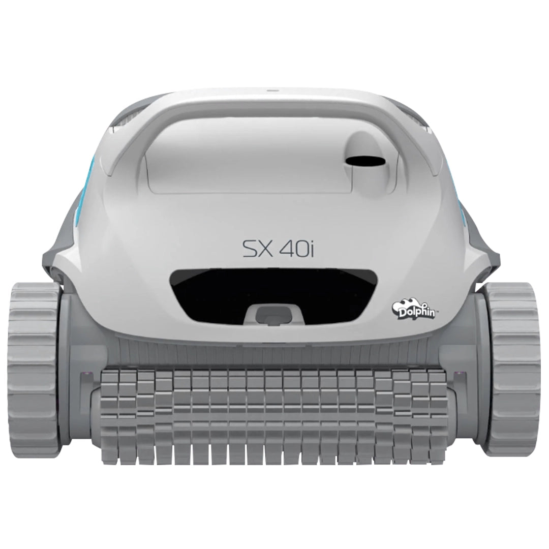 Robot piscina Dolphin SX 40i grigio, vista frontale con spazzole e ruote, per pulizia fondo e pareti.