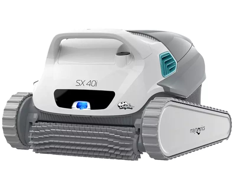 Robot piscina Dolphin SX 40i, grigio e bianco, su fondo bianco. Adatto per pulizia fino a 12 metri.