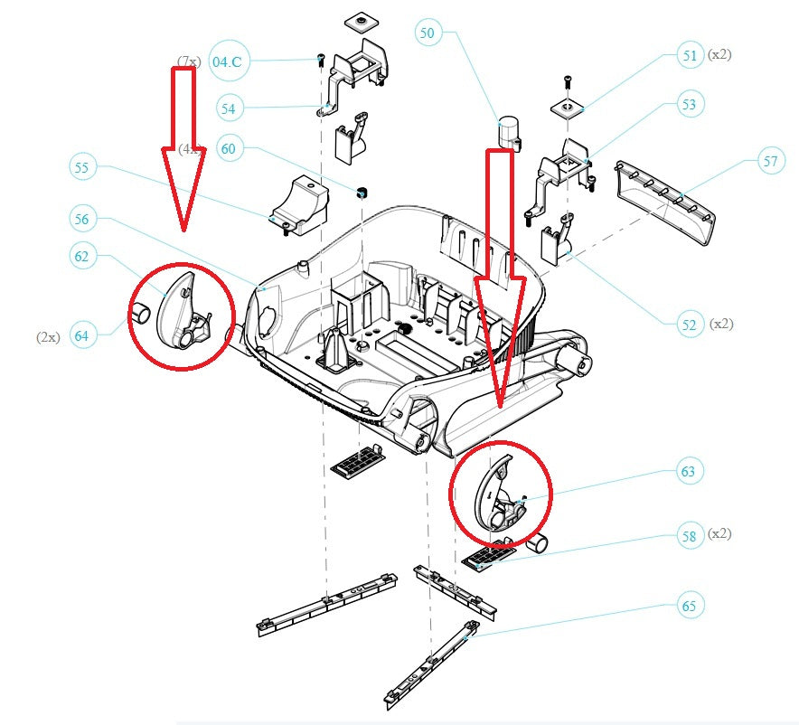 Supporto sinistro per spazzola attiva anteriore evidenziato in uno schema di montaggio del robot piscina.