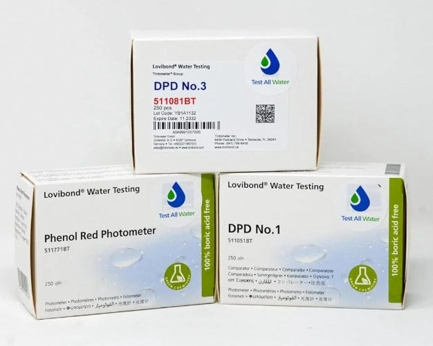 Pastiglie reagenti Lovibond DPD1, DPD3 e Phenol Red per fotometro, confezioni su sfondo bianco.