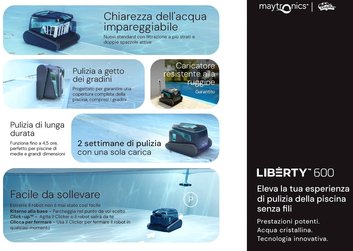 Robot piscina Dolphin Liberty 600i in uso e dettagli tecnici, incluso caricatore e durata pulizia.
