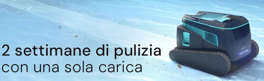 Robot piscina Dolphin Liberty 600i su fondo piscina, design moderno, senza fili, con testo promozionale.
