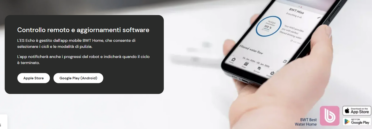 App BWT Home su smartphone per controllo robot piscina BWT ES Echo, con icone Apple e Google Play.