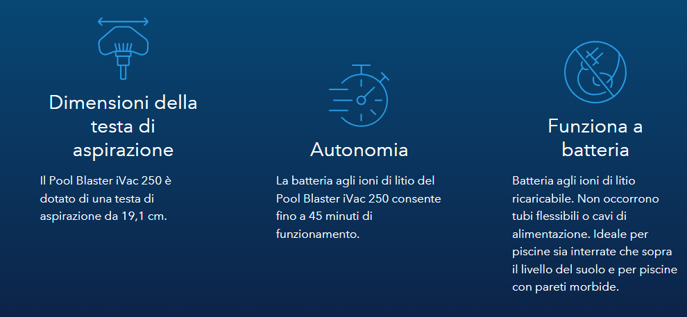 Testo informativo su dimensioni, autonomia e batteria del Pool Blaster IVAC 250.
