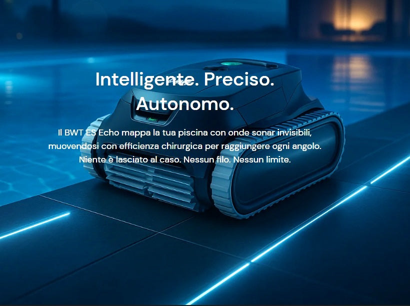 Robot piscina BWT ES Echo cordless su bordo piscina illuminato, design moderno e compatto.