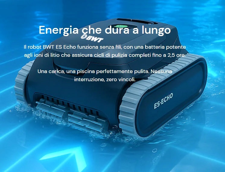 Robot piscina BWT ES Echo cordless in azione su fondo piscina, con ruote laterali visibili.