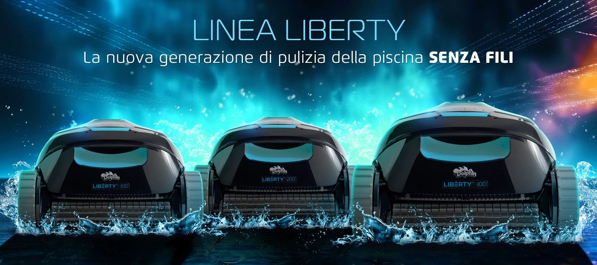 Tre robot piscina Dolphin Liberty 100, 200 e 300 su sfondo acquatico blu brillante.