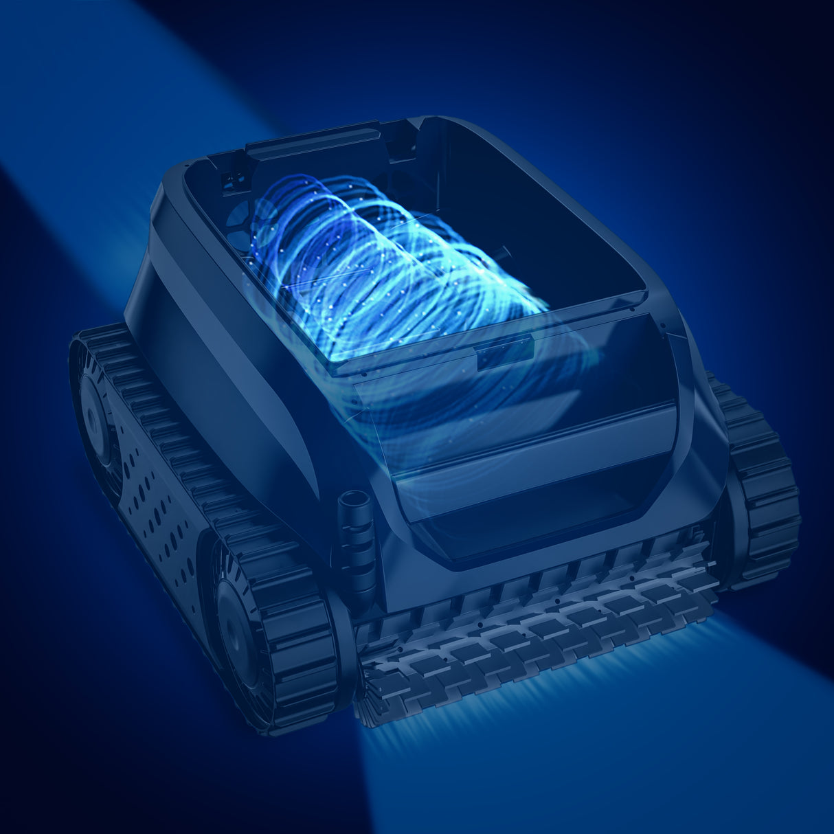 Robot piscina Zodiac Freedom OF 42 iQ Gyro, cordless, su sfondo blu con effetto di movimento dell'acqua.