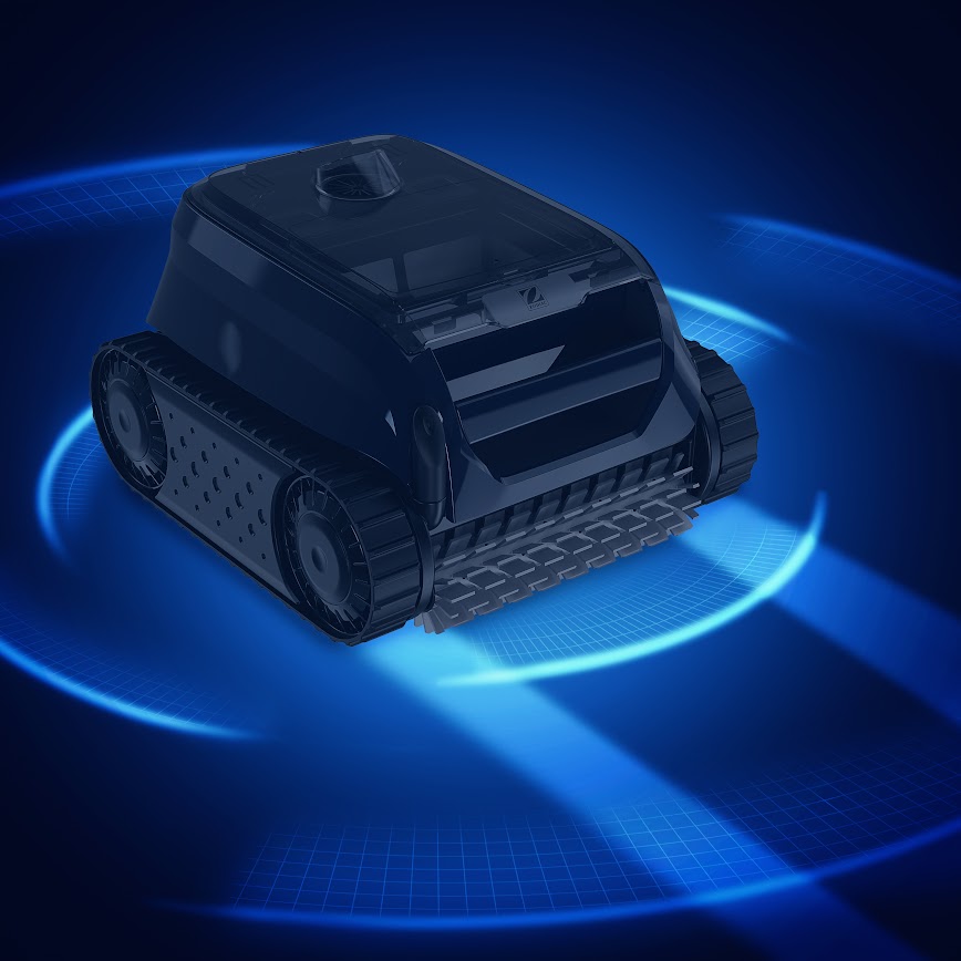 Robot piscina Zodiac Freedom OF 42 iQ su sfondo blu, cingolato, adatto per fondo e pareti.