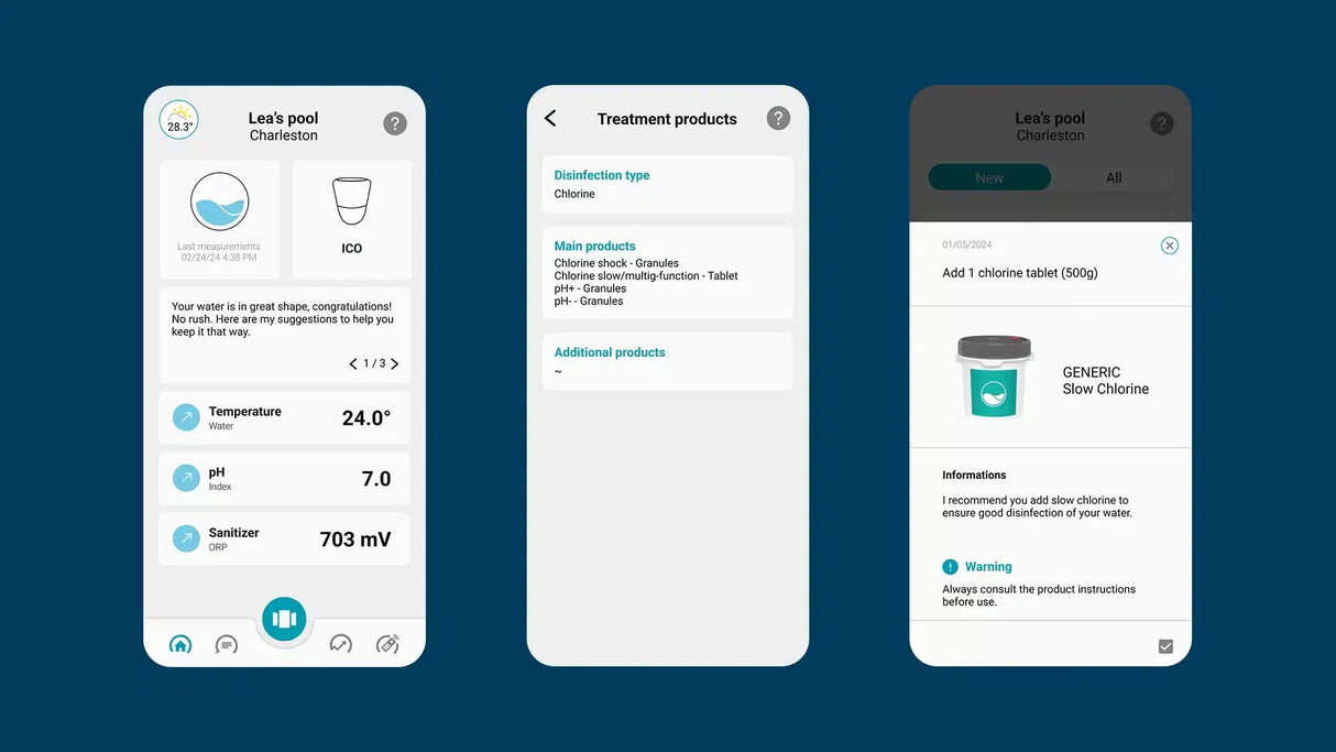 Interfaccia app Ondilo ICO V2 per monitorare parametri piscina: temperatura, pH, cloro.