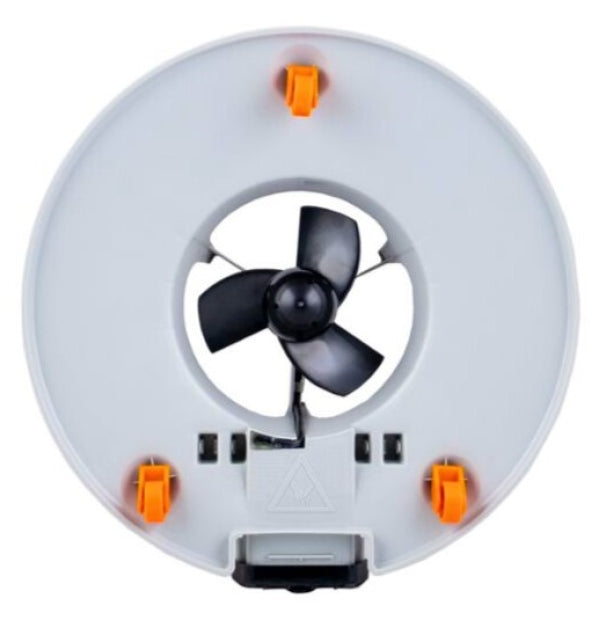 Aspiratore a batteria WaterTech Volt Leaf Vac con ventola centrale e clip arancioni.