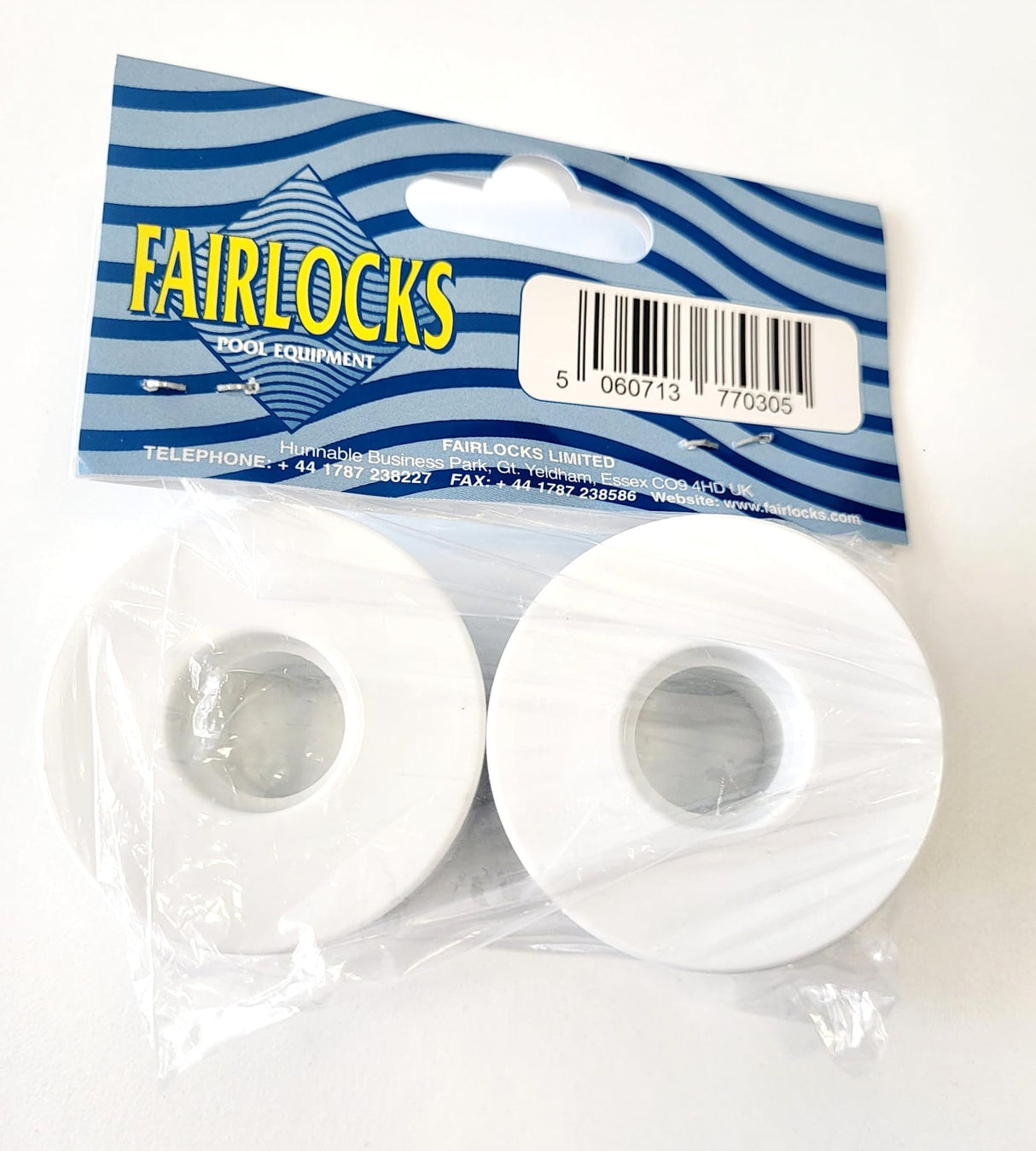 Set di 2 ruote bianche di ricambio per aspirafango Fairlocks, confezionate in plastica trasparente.