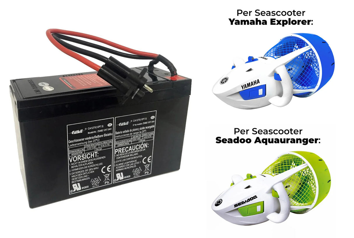 Batteria 12V 7,5Ah per Seascooter Yamaha Explorer e Seadoo Aquaranger, connettori visibili.