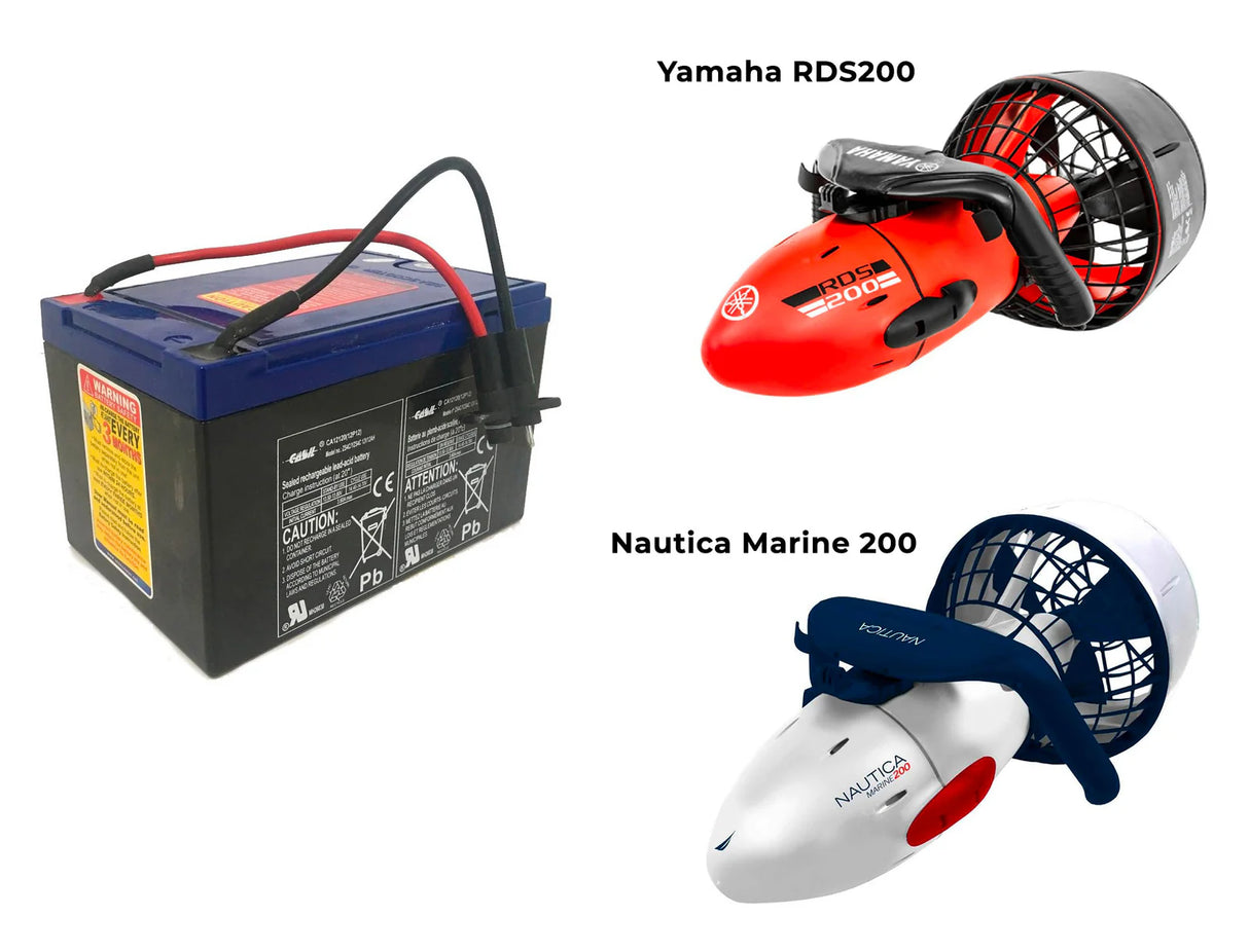 Batteria 12V 5ah per Seascooter Yamaha RDS200 e Nautica Marine 200, con cavi rosso e nero.