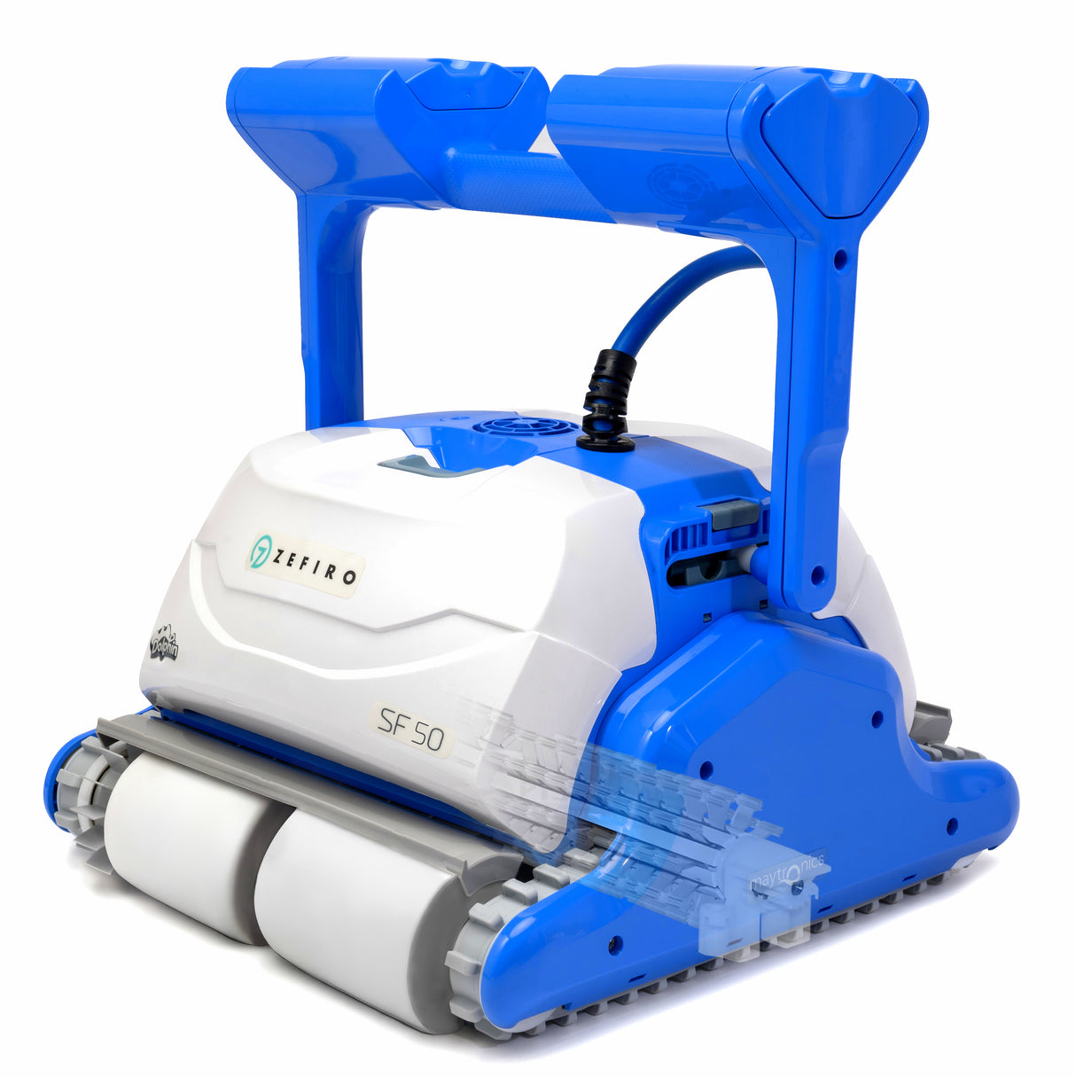 Robot piscina Dolphin ZEFIRO SF50, colore blu e bianco, su sfondo bianco.