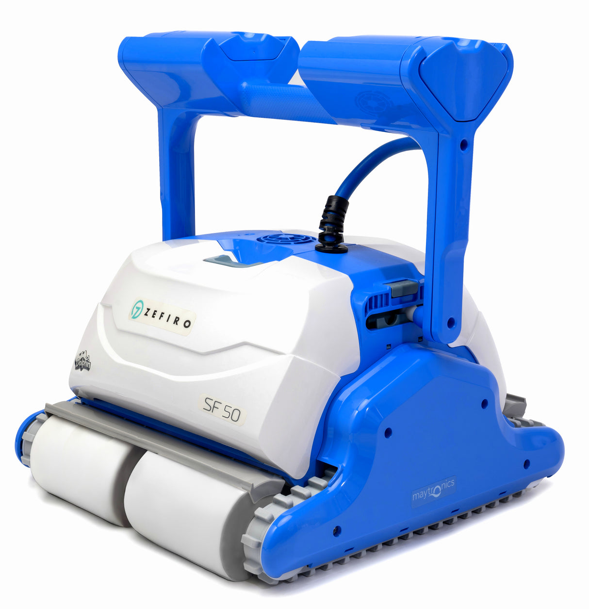 Robot piscina Dolphin ZEFIRO SF50 Gyro, blu e bianco, su sfondo bianco.