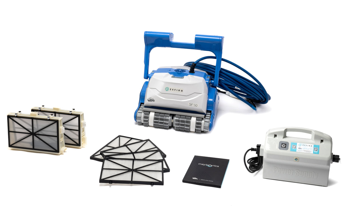Robot piscina Dolphin ZEFIRO SF50 con cavo, alimentatore, filtri e manuale su sfondo bianco.
