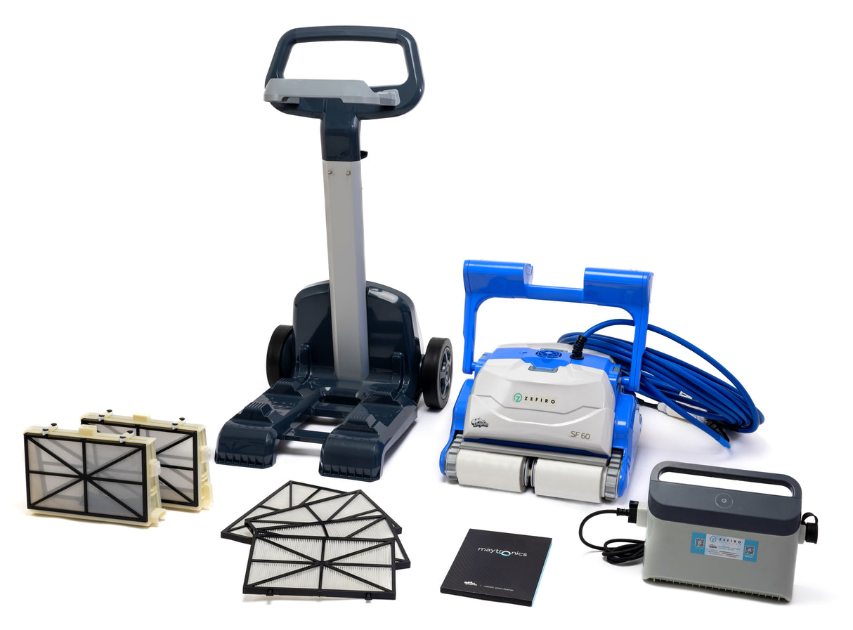 Robot piscina Dolphin ZEFIRO SF60i con accessori, cavo blu e filtro su sfondo bianco.