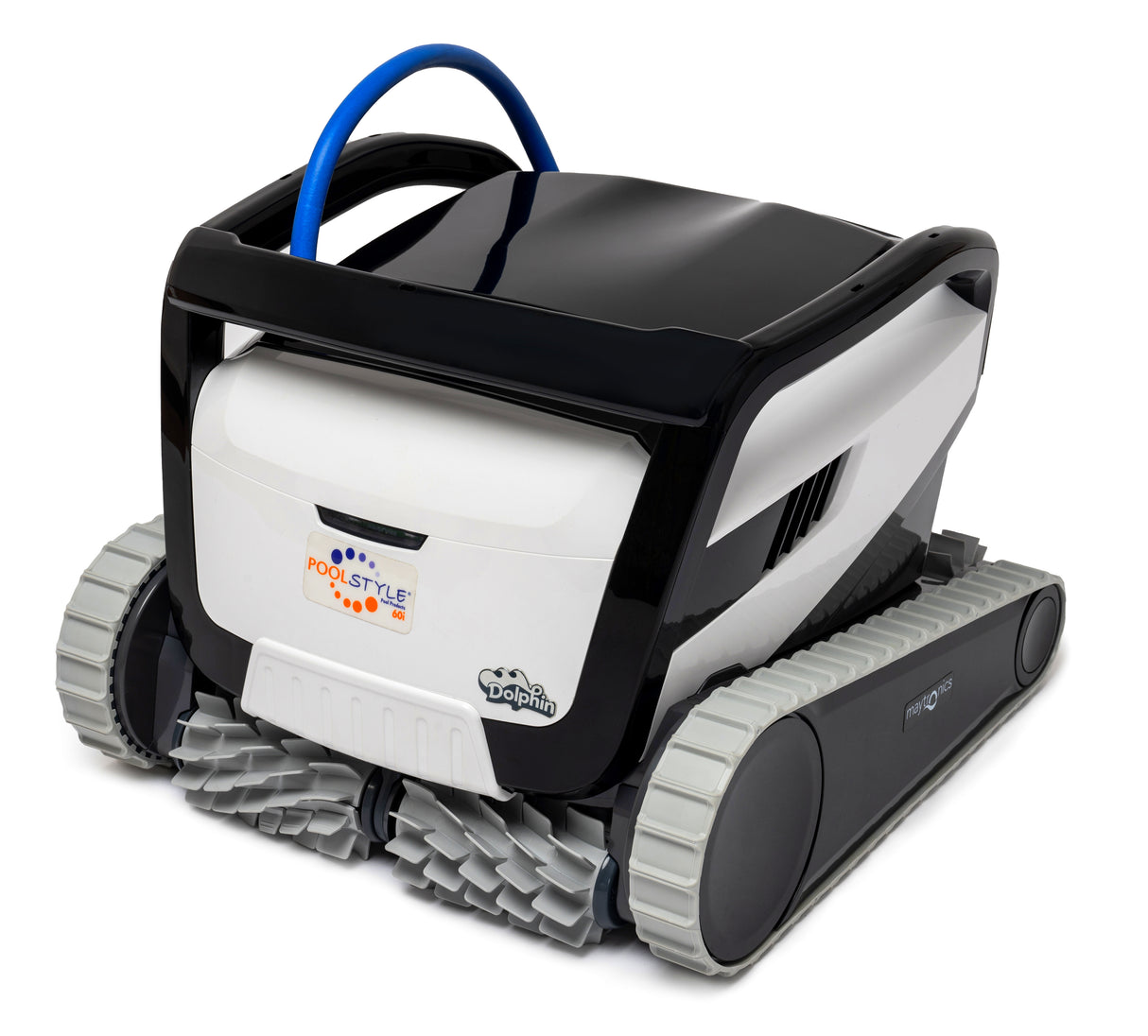 Robot piscina Dolphin Poolstyle 60i su fondo bianco, cingoli grigi e manico blu.