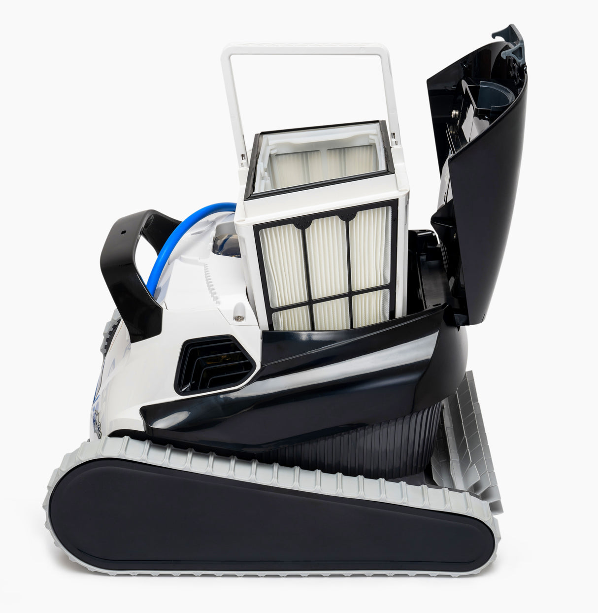 Robot pulitore Dolphin Poolstyle 50i con coperchio aperto, vista laterale del filtro interno.