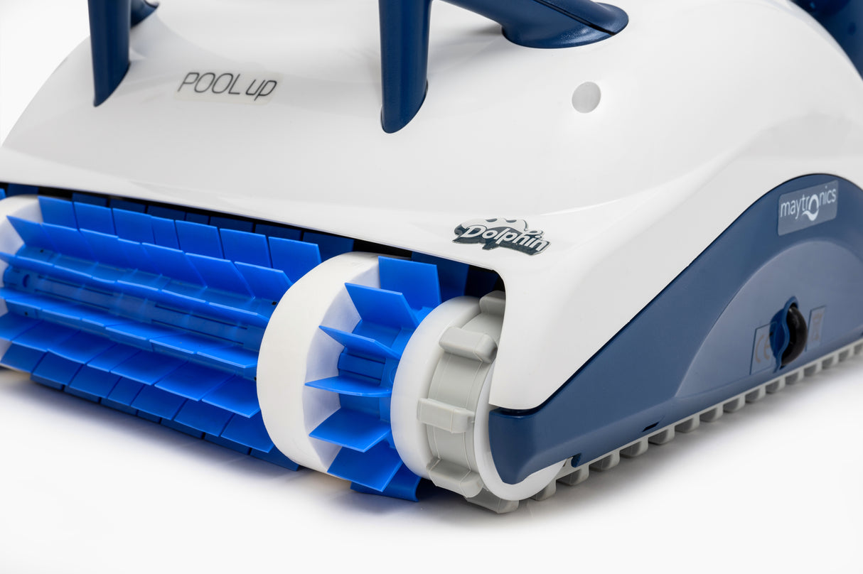 Robot piscina Dolphin Pool UP Digital con spazzole blu e design bianco-blu.