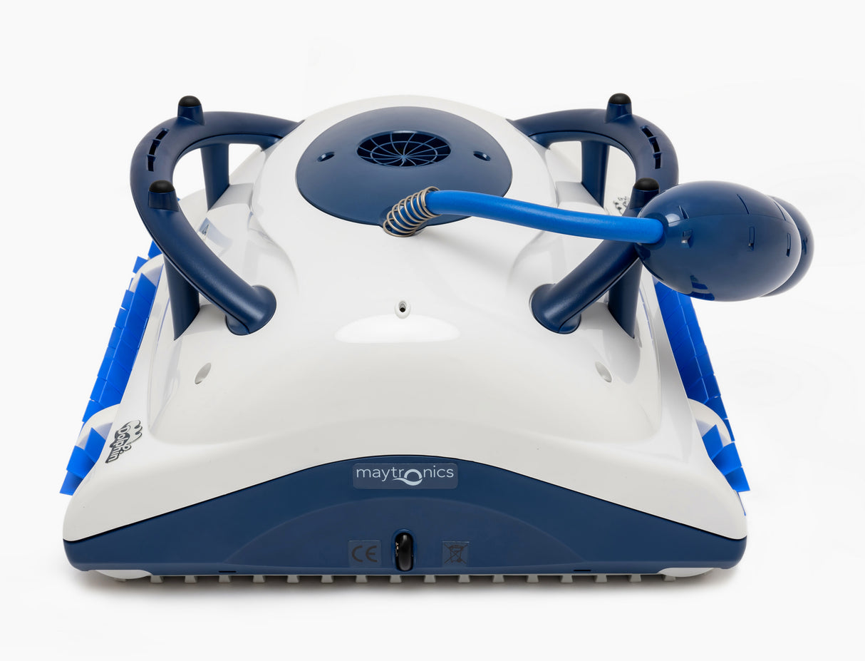 Robot piscina Dolphin Pool UP Digital, vista dall'alto, design bianco e blu, per pulizia fino a 8 metri.