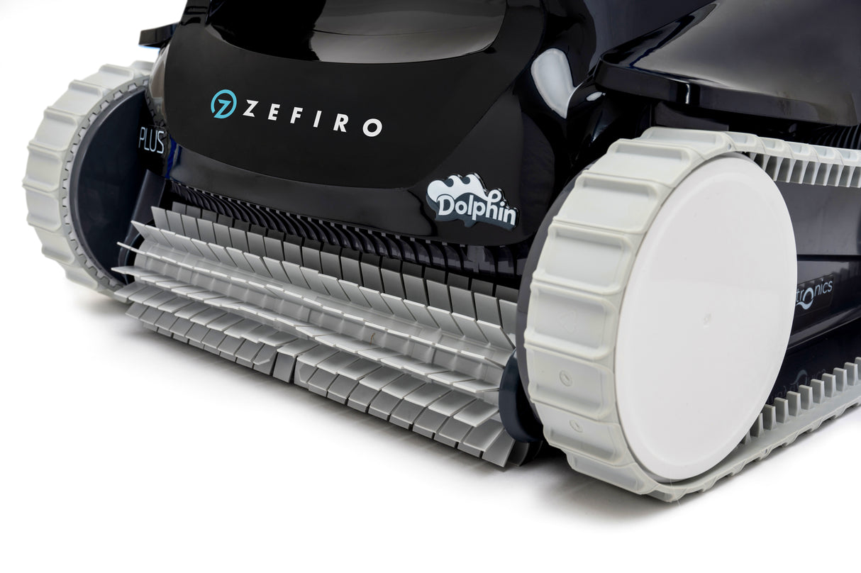 Robot piscina Dolphin My Zefiro Plus, dettaglio spazzole e cingoli per pulizia fondo e pareti.