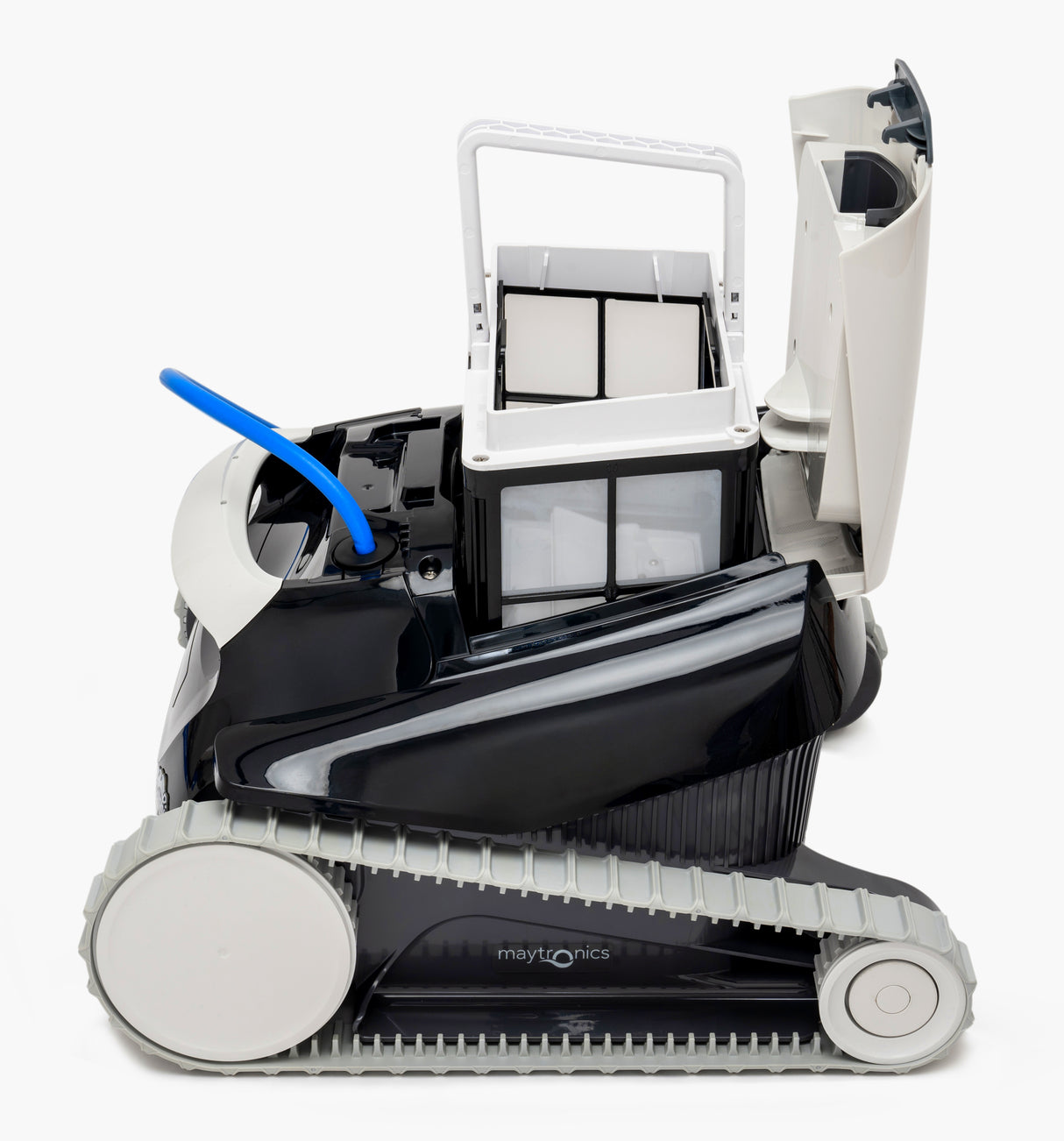 Robot piscina Dolphin My Zefiro Plus Digital con coperchio aperto, vista laterale, cingoli visibili.