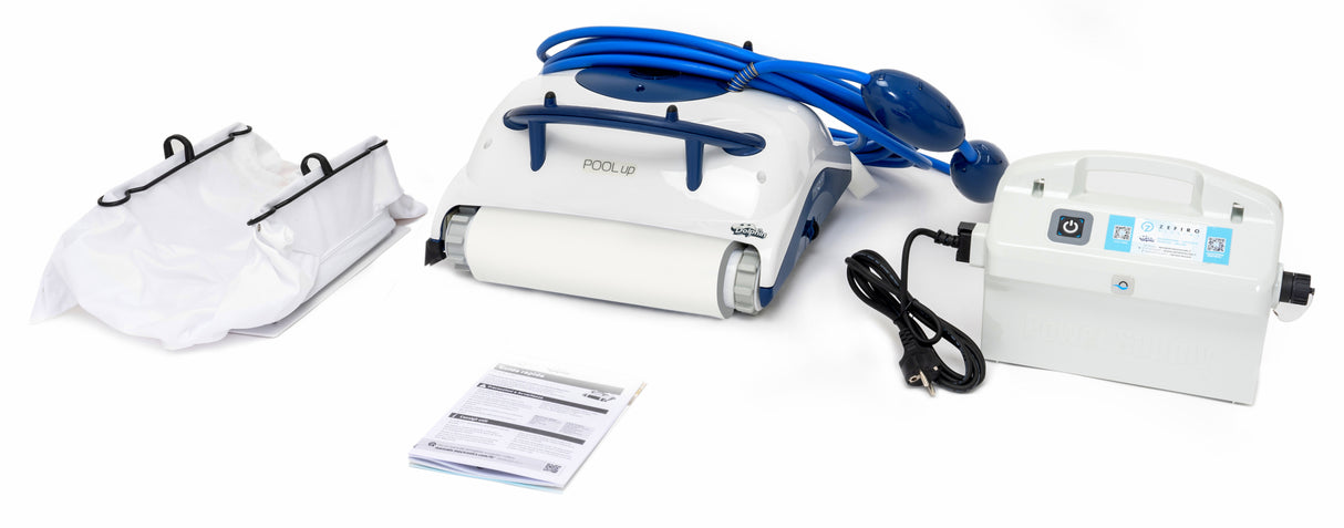 Robot pulitore Dolphin Pool UP Digital con cavo blu, alimentatore e sacco filtro.