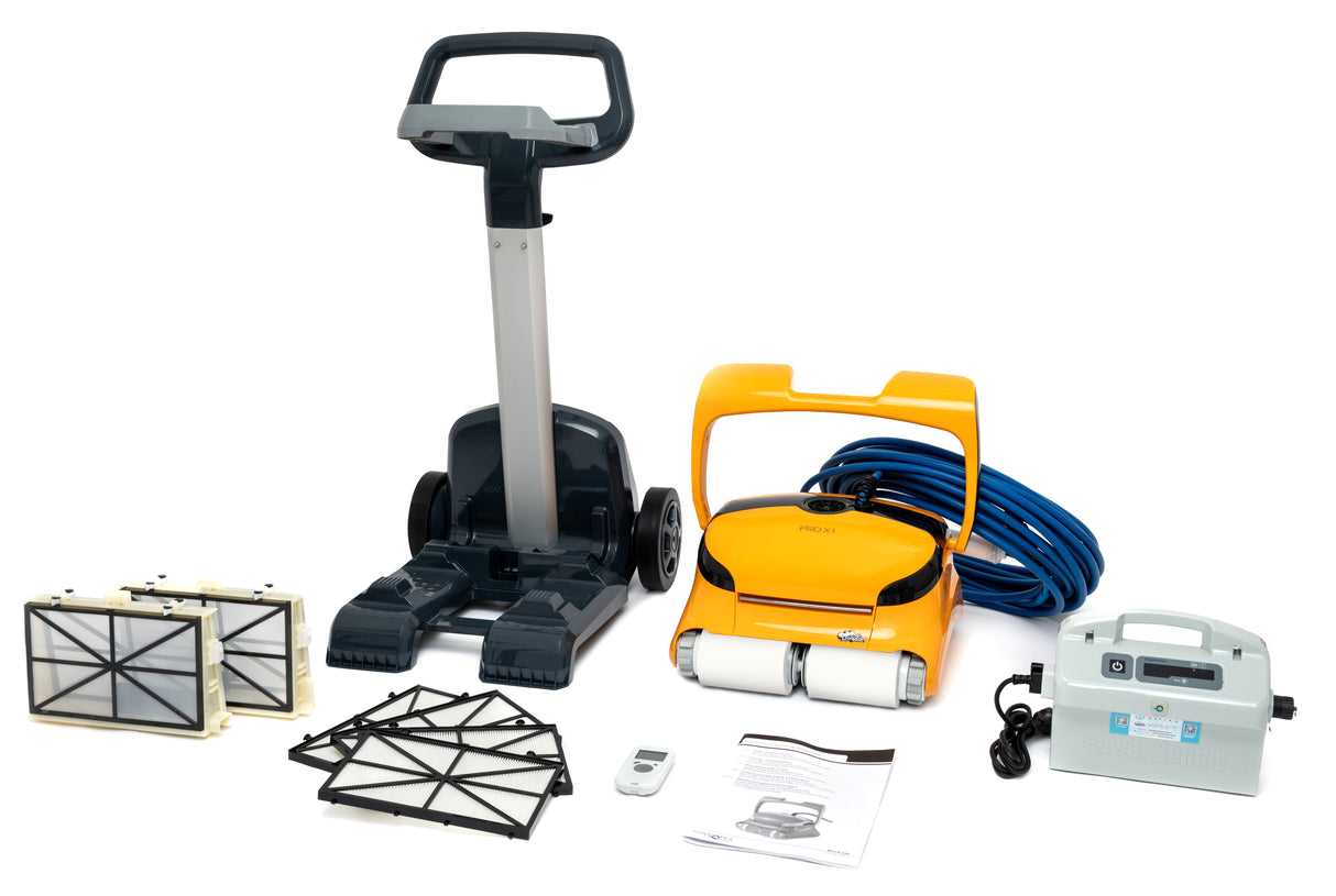 Robot piscina Dolphin PRO X1 con radiocomando, cavo blu, carrello, filtri e manuale.