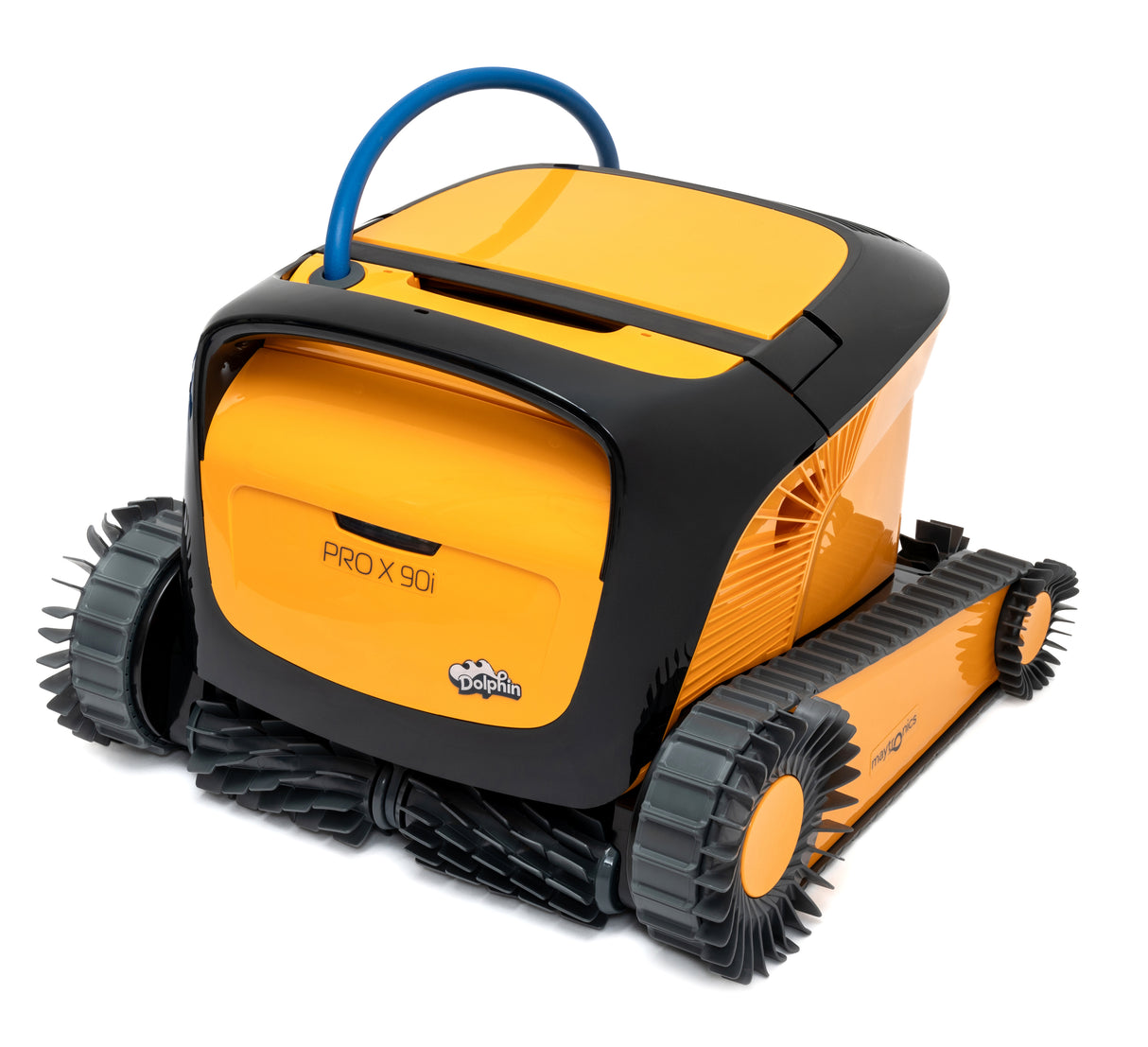 Robot piscina Dolphin PROX 90i, colore arancione e nero, su fondo bianco, con cingoli e spazzole.